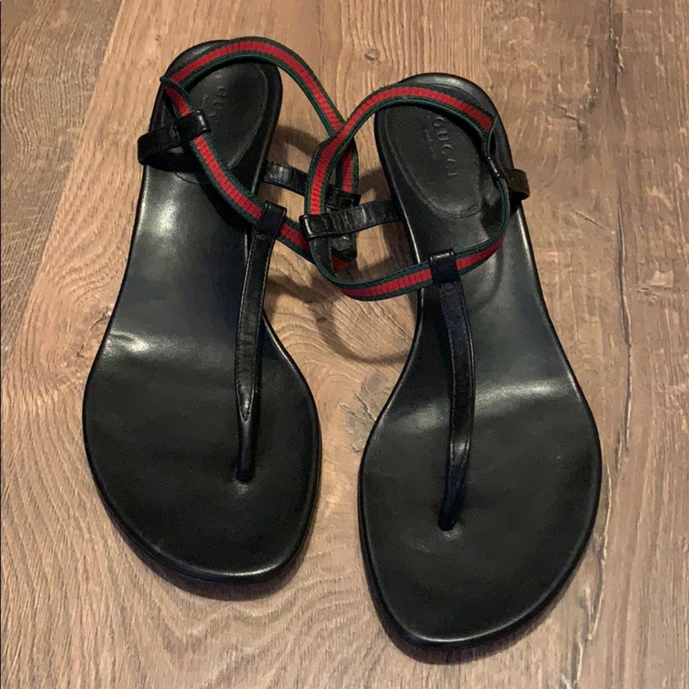 Gucci Black Web Wedge Sandals 37